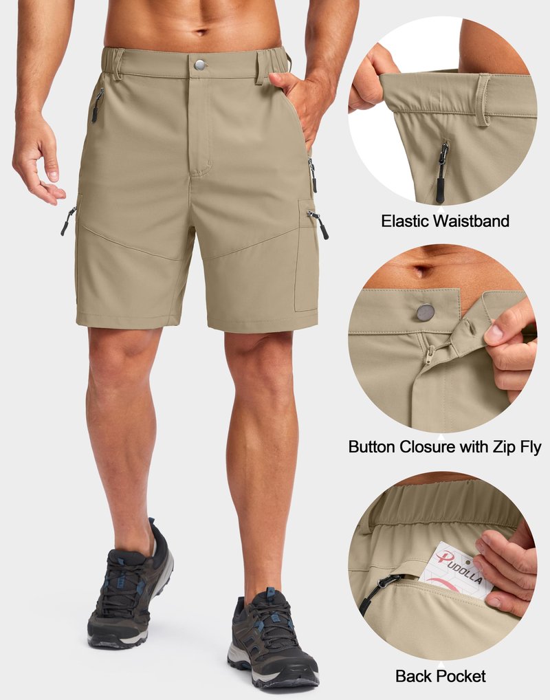 Pudolla Men's Hiking Cargo Shorts Lightweight 7" Travel Casual Shorts for Men Golf Work Outdoor with 5 Zipper Pockets(Dusty Khaki Small)