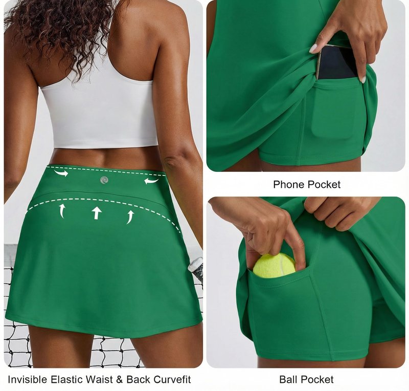 PINSPARK Tennis Skorts for Woman Quick Dy Golf Skirt Stretchy Athletic Skirts with 2 Pockets Invisible Elastic Waist Sport Skort, Green XS
