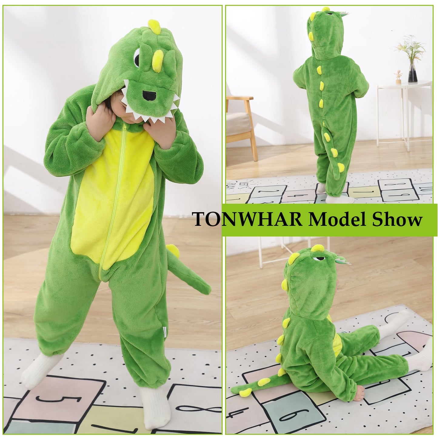 TONWHAR Kids' And Toddlers' Infant Tiger Dinosaur Animal Fancy Dress Costume Outfit Hooded Romper Jumpsuit (4T/Height:40"-43", Green Dinosaur)