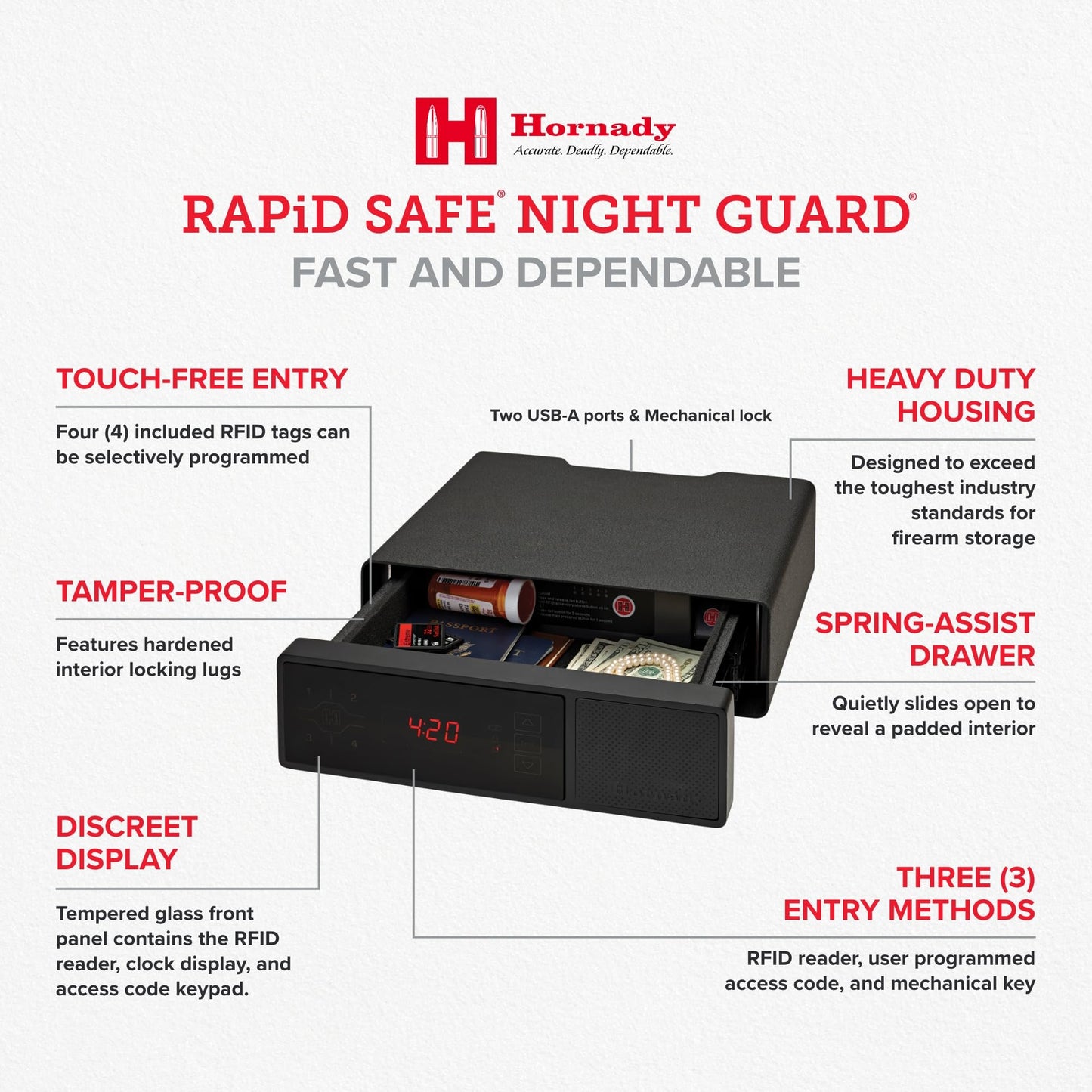 Hornady Rapid Safe Night Guard – Nightstand Gun Safe with RFID Reader, Clock, USB Ports – RFID Safe for Fast, Multiple Method Entry – Includes Rapid Safe, 3 Methods of Entry and Security Cable