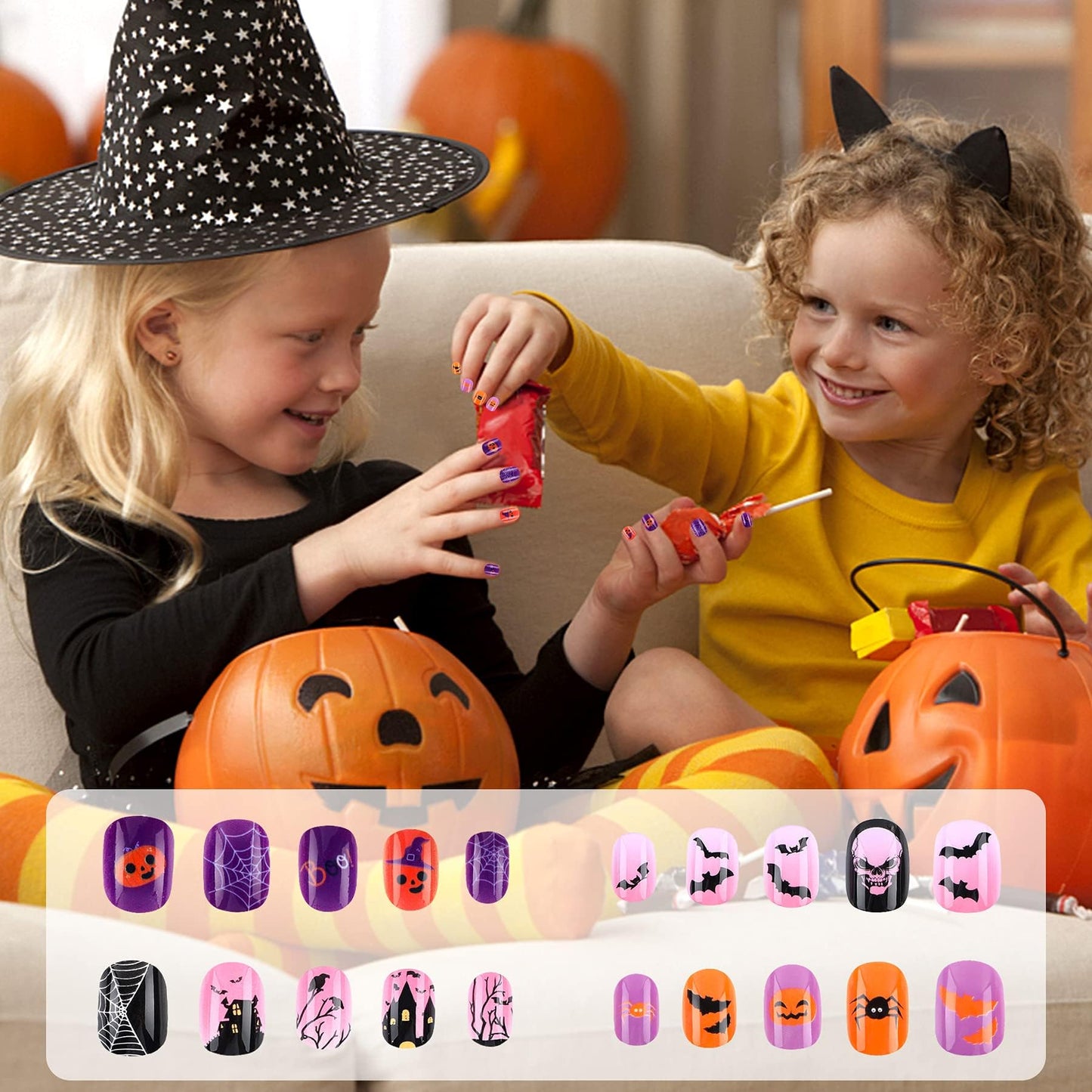 JANYUN 96 Pcs Kids False Nail Full Cover Short Fake Nails Children Nail Tips for Kids Little Girls Lovely Gift Nail Art Decoration (Halloween Theme)