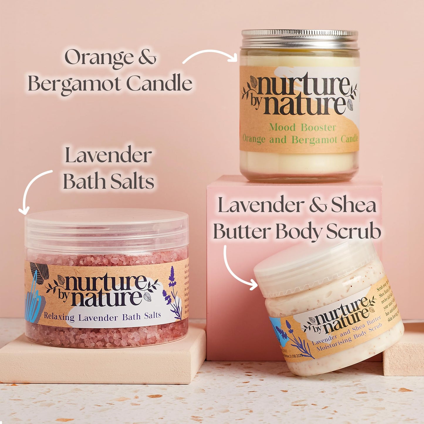 NURTURE BY NATURE Relax & Calm Christmas Gift Basket – Spa Gifts for Women with Bath Bomb, Hand Cream, Lavender Pillow Mist & Scented Candle - Vegan - Stocking Stuffers, Holiday Gifts, Gifts for Mom