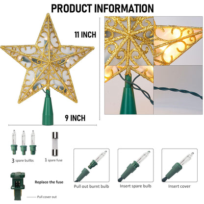 Dazzle Bright 11'' Star Tree Topper, Glitter Christmas Tree Top with 10 Lights, Xmas Tree Decoration (Gold)