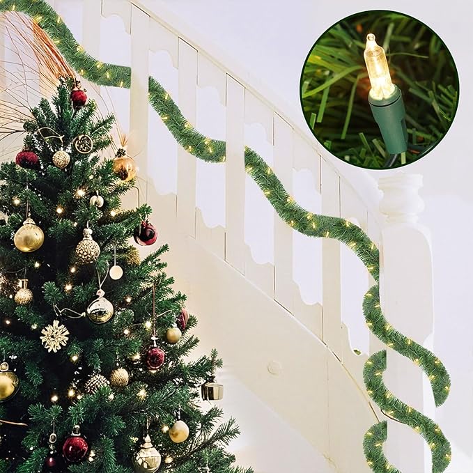 WATERGLIDE Lighted Christmas Green Garland 15FT, with Clear String Lights, Pre-lit Artificial Greenery Garlands, Plug in & Connectable Xmas Lights for Indoor Outdoor Holiday Party Decor