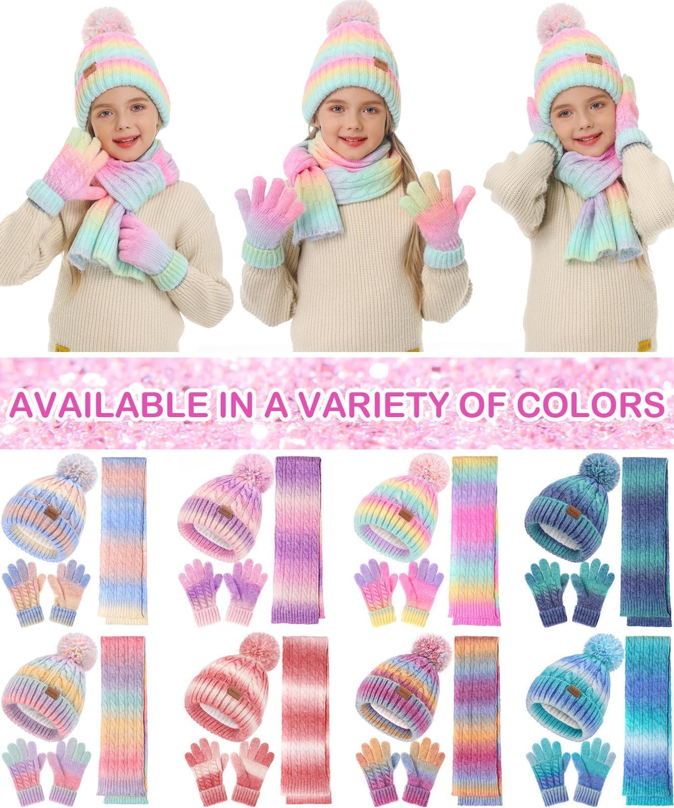 Kids Winter Hat Scarf Gloves Set, Girls Boys Toddler 8% Wool Warm Fleece Lined Pom Pom Beanie Hat Knit Neck Scarf Soft Thick Mittens Gloves for Cold Weather 3 In 1 Birthday Christmas Gift for Children