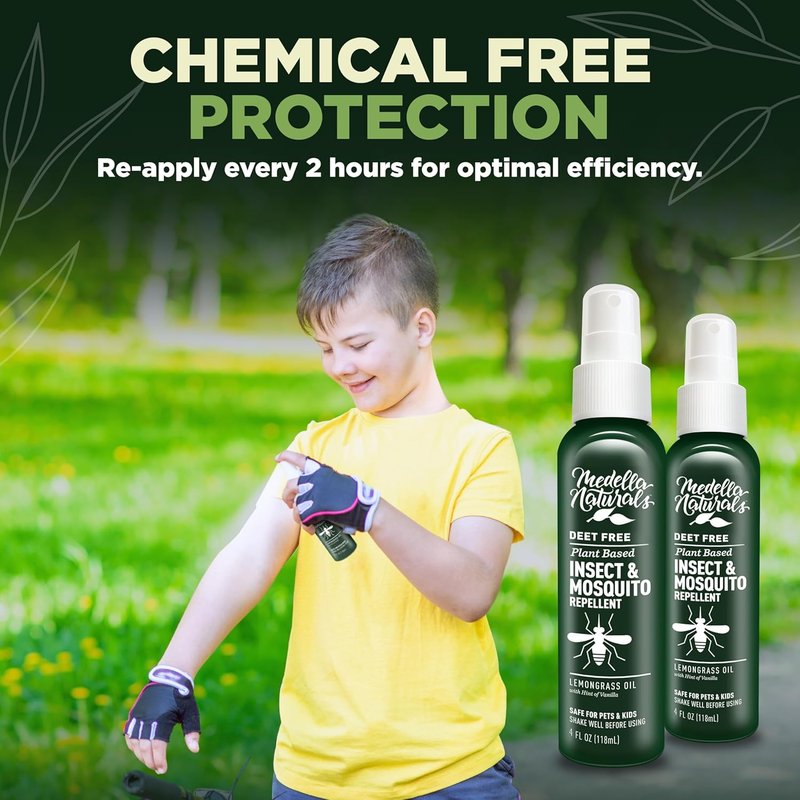 Deet-Free Insect & Mosquito Repellent | Natural Lemongrass Oil Spray - Safe for Kids & Pets, 4 oz (Pack of 2)