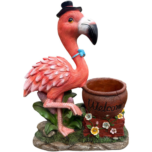 elesculor Flamingo Planter, Outdoor Welcome Sign Animal Flower Pot, Large Standing Bird Statue Yard Art Decor for Garden Patio and Front Porch - Top Hat