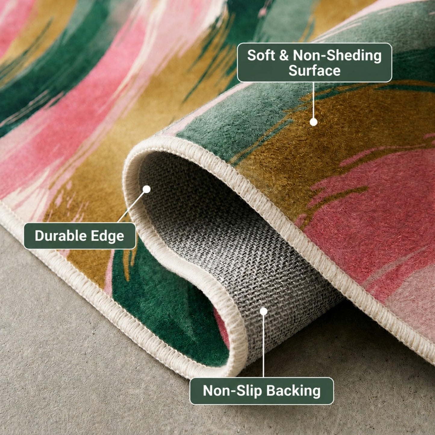 BreezeRise 5x7 Area Rugs for Living Room: Boho Pink and Green Gold Modern Abstrac Rug Brushstroke Gradient Washable Non-Slip Backing for Living Room Bedroom Leisure Area Decor