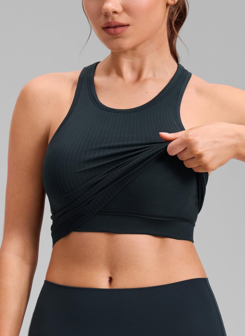 CRZ YOGA Seamless Ribbed High Neck Crop Tank Tops for Women - Longline Racerback Padded Sports Bras True Navy Medium