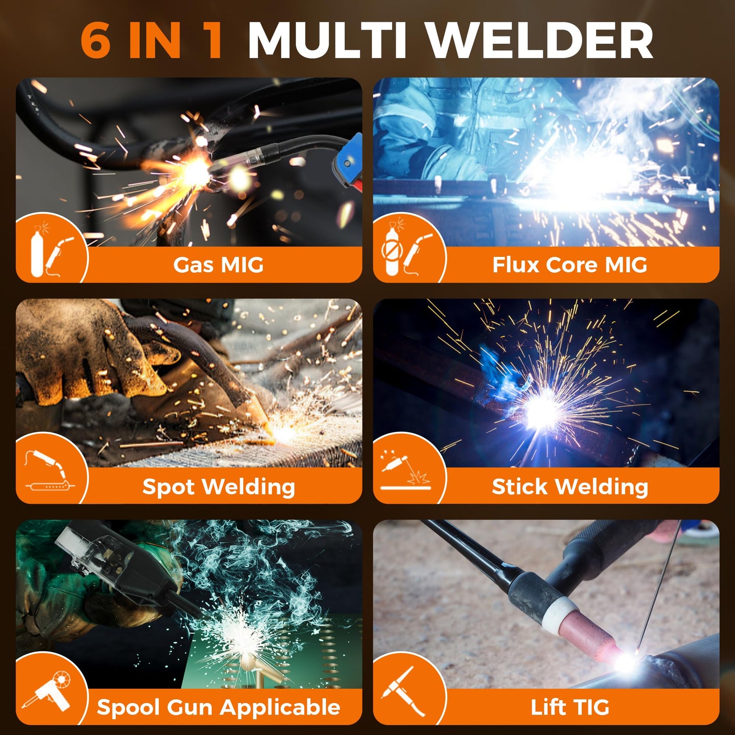 FEMEROL 250A MIG Welder,6 in 1 Gas MIG/Gasless Flux Core/Stick/Lift TIG/Spot Welding/Spool Gun Compatible Aluminum Welding Machine Large LED Display 110V/220V Multi Process Welder