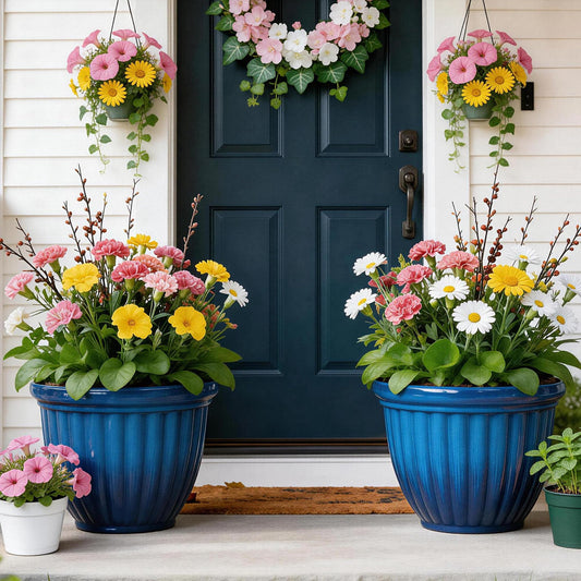 Autodaya 15" Large Flower Pots, Set of 2 Plastic Planters for Outdoor Indoor Plants with 3D Textures, Weather-Resistant for Porch, Garden, Patio or Indoor Use, Gradient Cobalt Blue