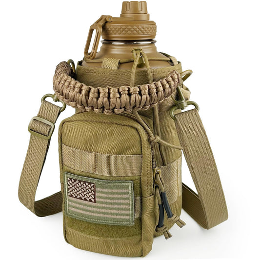 DEFUNX Half Gallon Water Bottle with Sleeve - 64 Oz Insulated Water Jug with Handle - Green Stainless Steel Sports Water Bottle for Gym Workout Hiking Tactical Bottle Holder with Pouch Khaki