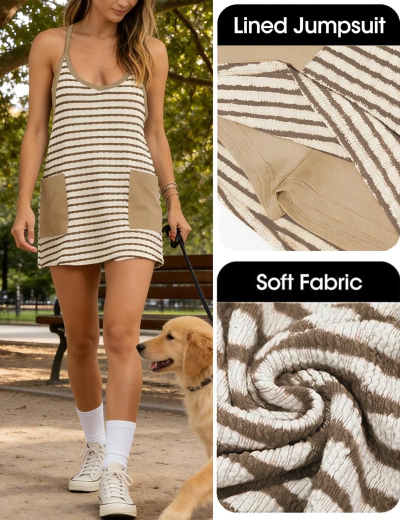 TIQOJE Women’s Striped Athletic Dress with Pockets – Casual Summer Tennis Dress 2025(stripedkhaki-XL)