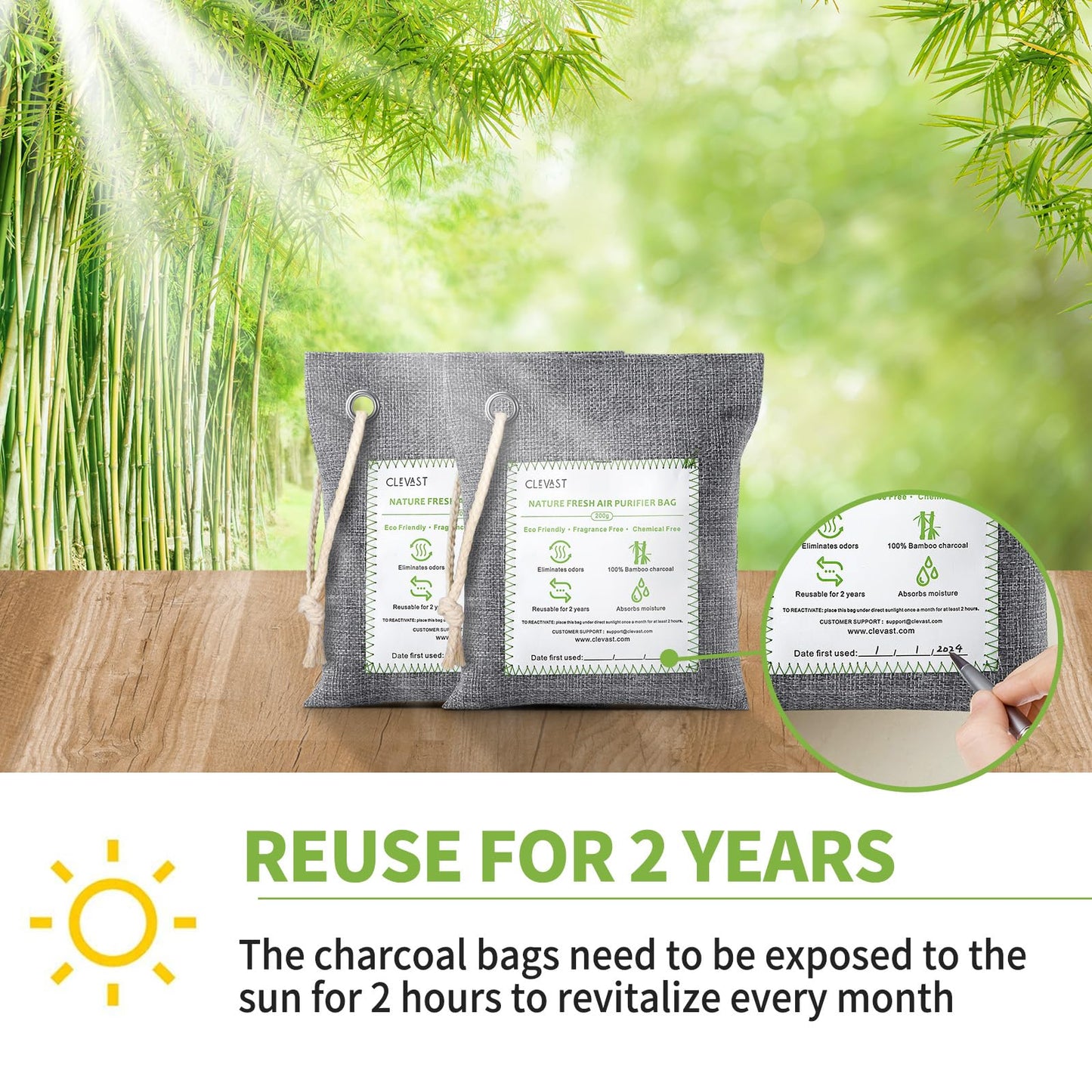 CLEVAST Bamboo Charcoal Air Purifying Bags (Large, 4×200g), Removes Odors and Moisture, Nature Fresh Air Purifier Bags, Odor Eliminator for Home, Car, Pets, Bathroom, Basement