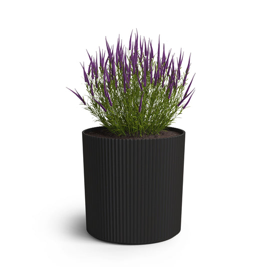 Mayne Serene 14-inch Fluted Planter, Round Planters for Outdoor Plants, Modern Lightweight Concrete Textured Plant Pots for Porch, Patio or Garden, Black
