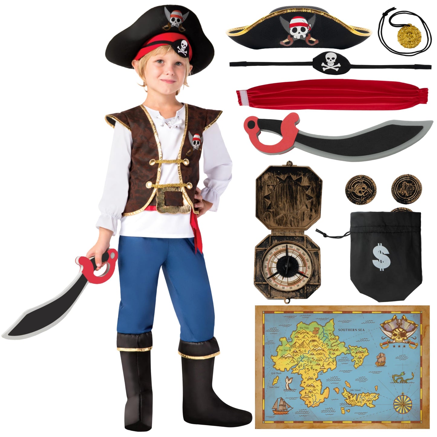 Spooktacular Creations Halloween Pirate Costume Kids, Blue Boys Pirate Costume Deluxe Set with Accessories for Toddler Halloween DressUp, Themed Party (Small, 5-7 yrs)
