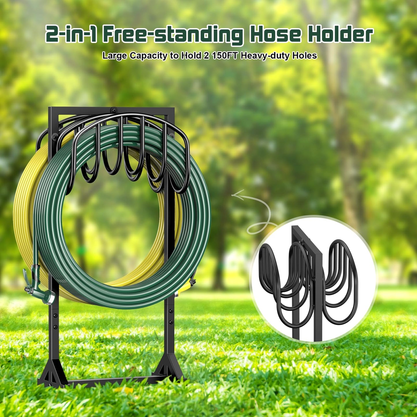 Garden Hose Holder Freestanding, Water Hose Holders for Outside with 4 Spikes, Hose Reels Double-Sided Heavy Duty Metal Hose Stand Holds 150ft Hose, Garden Hose Storage Rack for Outside Yard Lawn