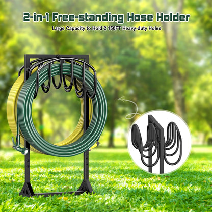 Garden Hose Holder Freestanding, Water Hose Holders for Outside with 4 Spikes, Hose Reels Double-Sided Heavy Duty Metal Hose Stand Holds 150ft Hose, Garden Hose Storage Rack for Outside Yard Lawn
