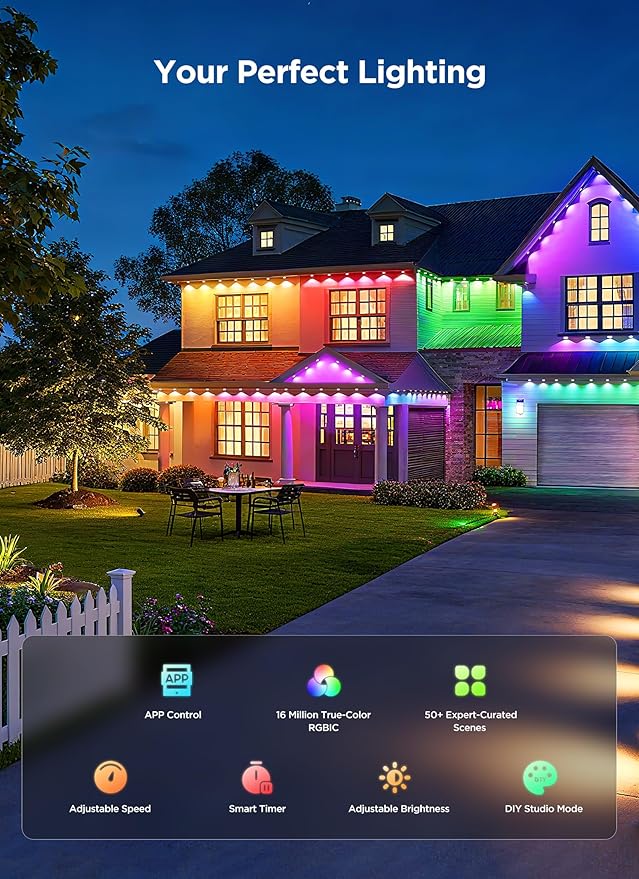 Permanent Outdoor Lights, 200FT with 128 Smart RGBIC LED Lights, DIY Scene Mode, IP68 Waterproof Christmas Light for Daily and Accent Lighting, Outdoor Decor, House Roof, Holiday Decorations