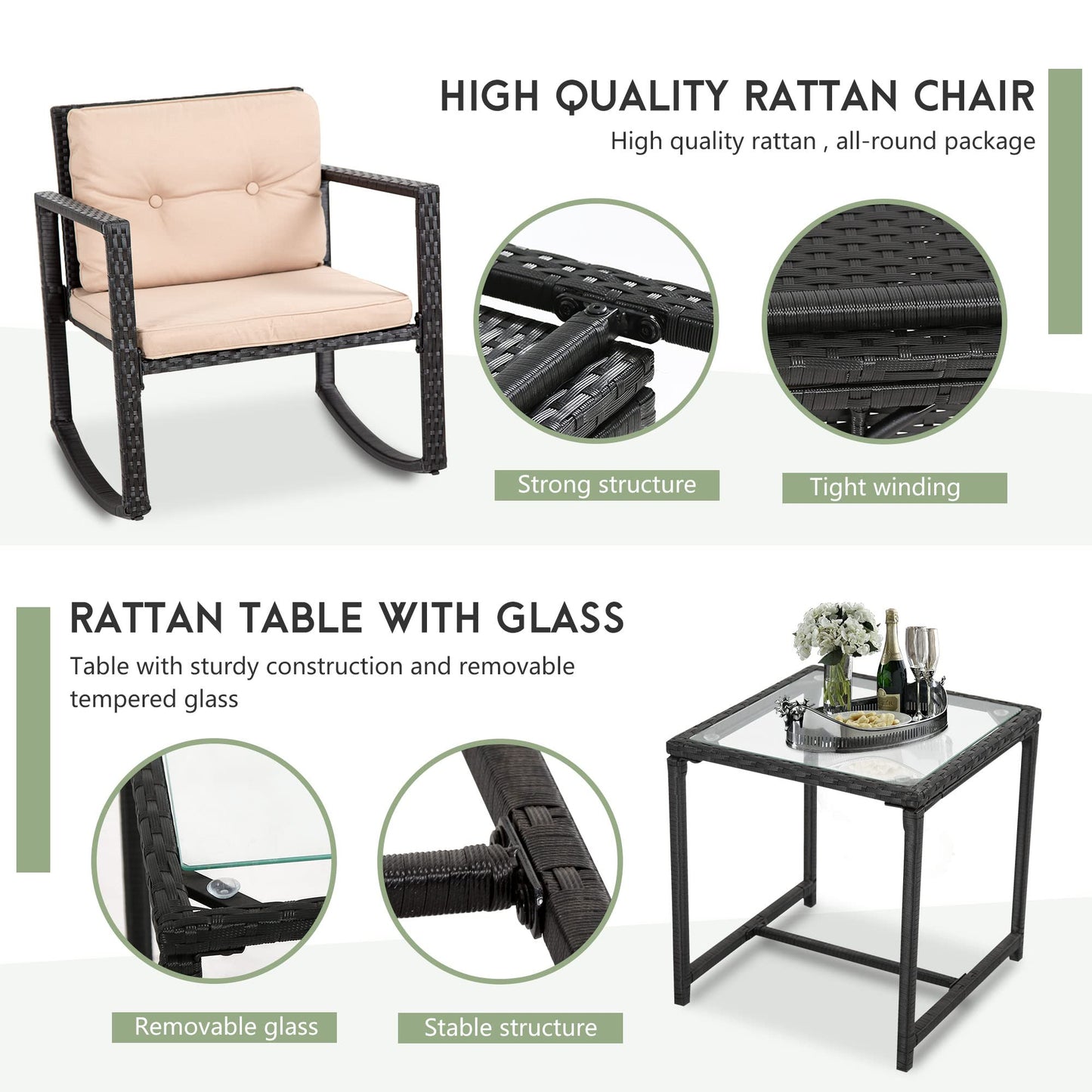 FDW Wicker Patio Furniture Outdoor Bistro Set, Rocking Chair, 3 Piece, Rattan Conversation Set for Backyard Porch Poolside Lawn with Coffee Table,Black