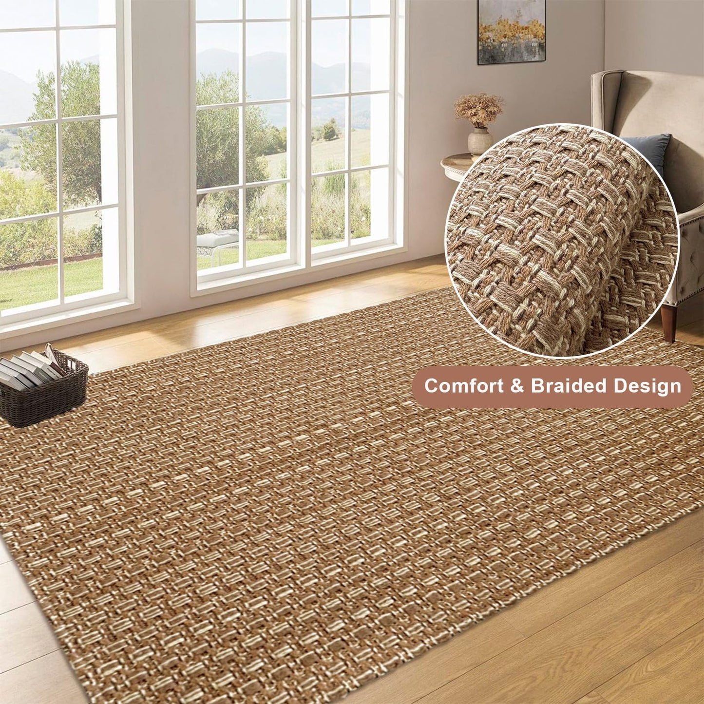 winolive 3x5 ft Rugs for Bedroom - Non-Slip Machine Washable Neutral Rug for Living Room,Faux Jute Rug,Braided Area Rug,Boho Solid Rugs for Home and Office,Very Soft,Stain-Resistan,Tan Brown