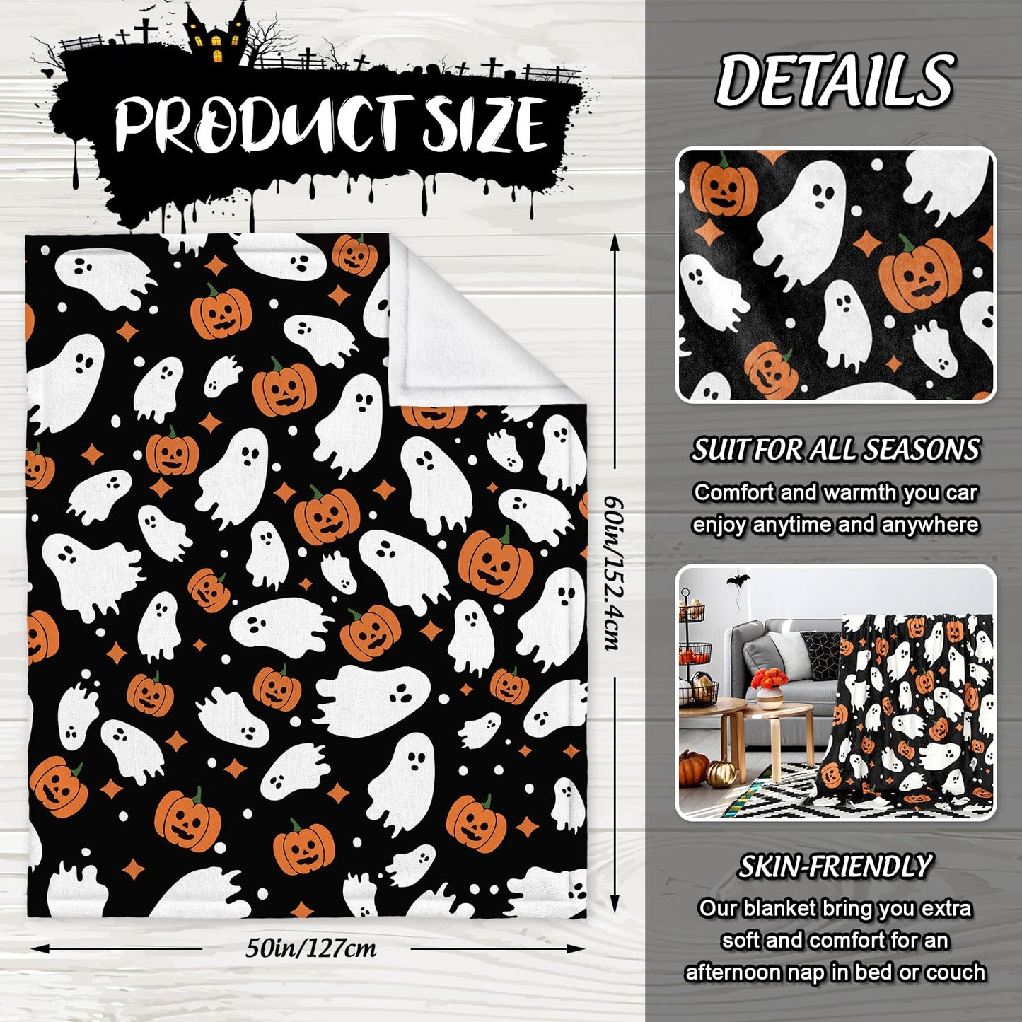 JarThenaAMCS Halloween Fuzzy Flannel Blanket 60 x 50 Inch Ghost Pumpkin Throw Blanket Black Soft Blanket for Farmhouse Home Chair Sofa Couch Bed