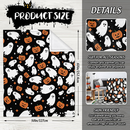 JarThenaAMCS Halloween Fuzzy Flannel Blanket 60 x 50 Inch Ghost Pumpkin Throw Blanket Black Soft Blanket for Farmhouse Home Chair Sofa Couch Bed