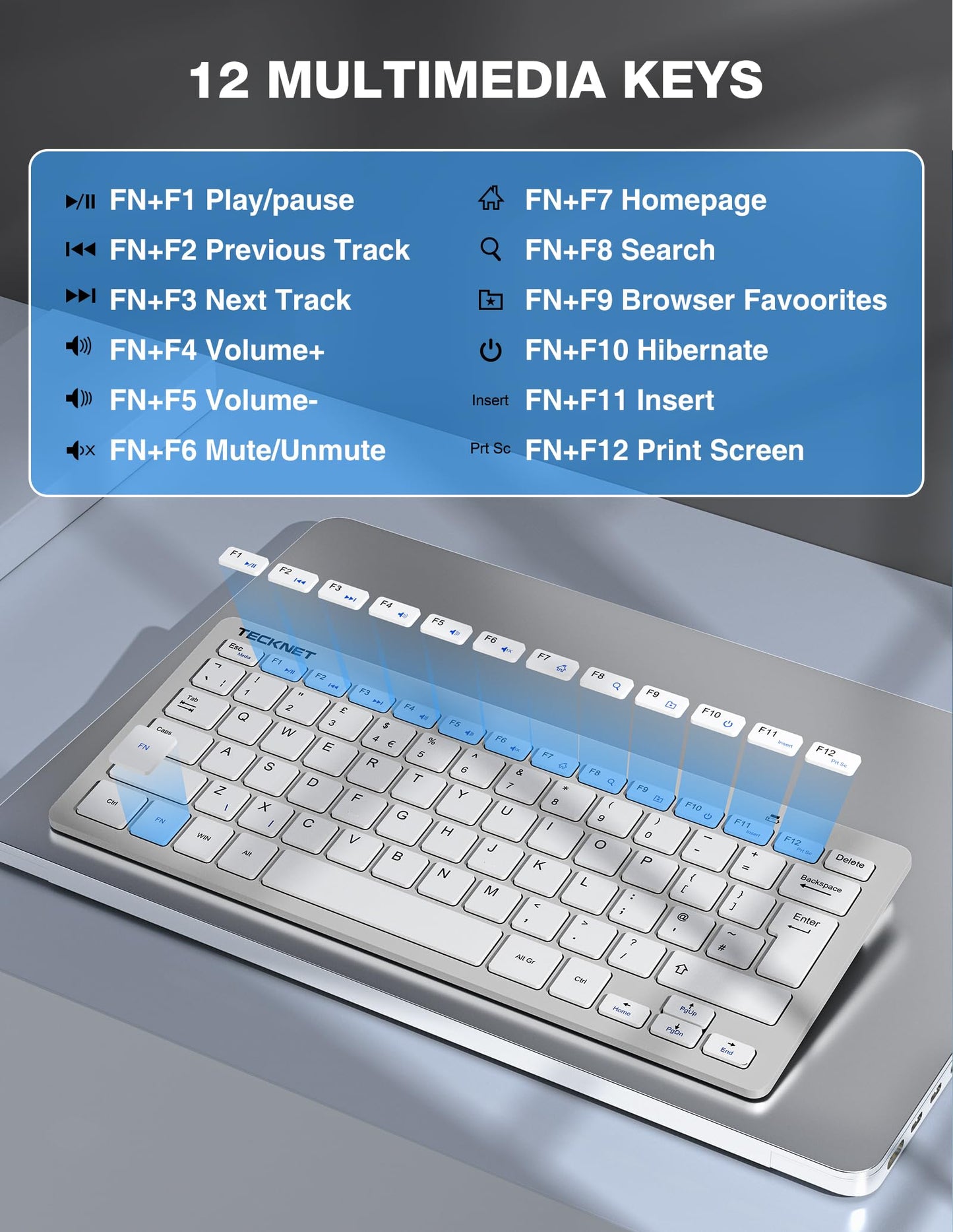 TECKNET Mini Wireless Keyboard and Mouse Set, 2.4G Cordless USB Keyboard and Silent Mouse Comb with Nano USB Receiver, 12 Multimedia Shortcuts for Computer, PC, Laptop, Desktop (Silver)