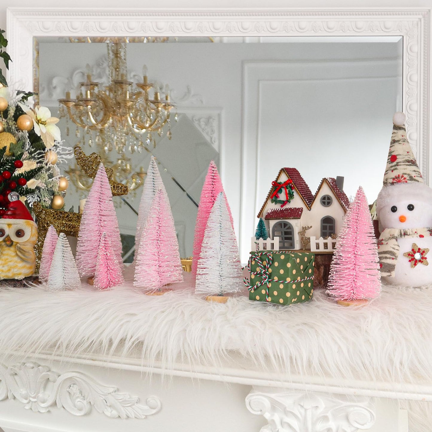 Desktop Miniature Pine Tree Tabletop Christmas Tree Small Pine Tree Decor Christmas Tree Toppers (Light Pink White Pink)