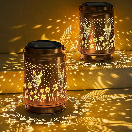 2 Pack Solar Lanterns Outdoor Waterproof Hummingbird Lantern Garden Decor Birthday Gifts for Women Mom Grandma Hanging Solar Lights Metal Decoration for Yard, Patio, Backyard, Porch