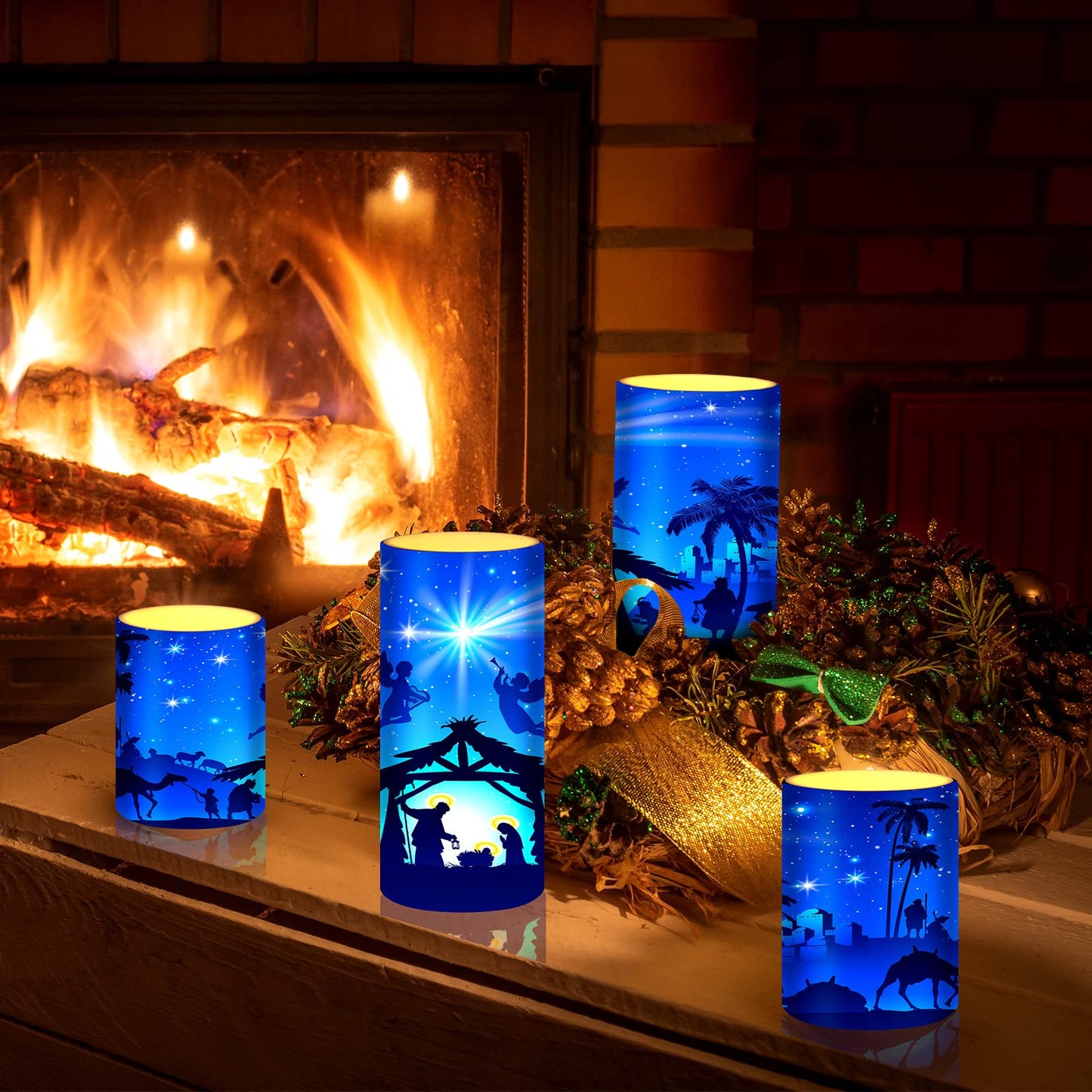 Tiamon Christmas Nativity Scene Candles LED Religious Theme Flameless Candles Battery Operated LED Warm Light Flickering Pillar for Xmas Holiday Table Decorations (Romantic)