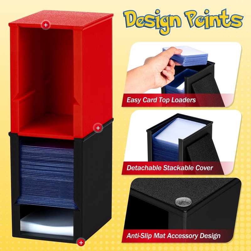 XSHINOVA Toploader Dispenser & Penny Sleeve Holder - Dual Compartment Holds 250 Penny Sleeves & up to 50 Top Loaders, Stackable Card Storage Box with Dustproof Lid (Black)