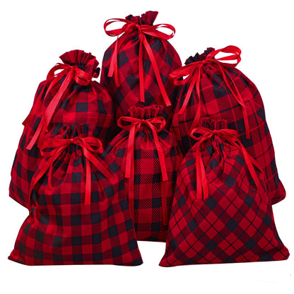 Aneco 6 Pack Buffalo Plaid Drawstring Christmas Gift Bags Christmas Sack for Gifts Cotton Cloth Red and Black Plaid Xmas Fabric Bags Assorted Sizes for Party Favor