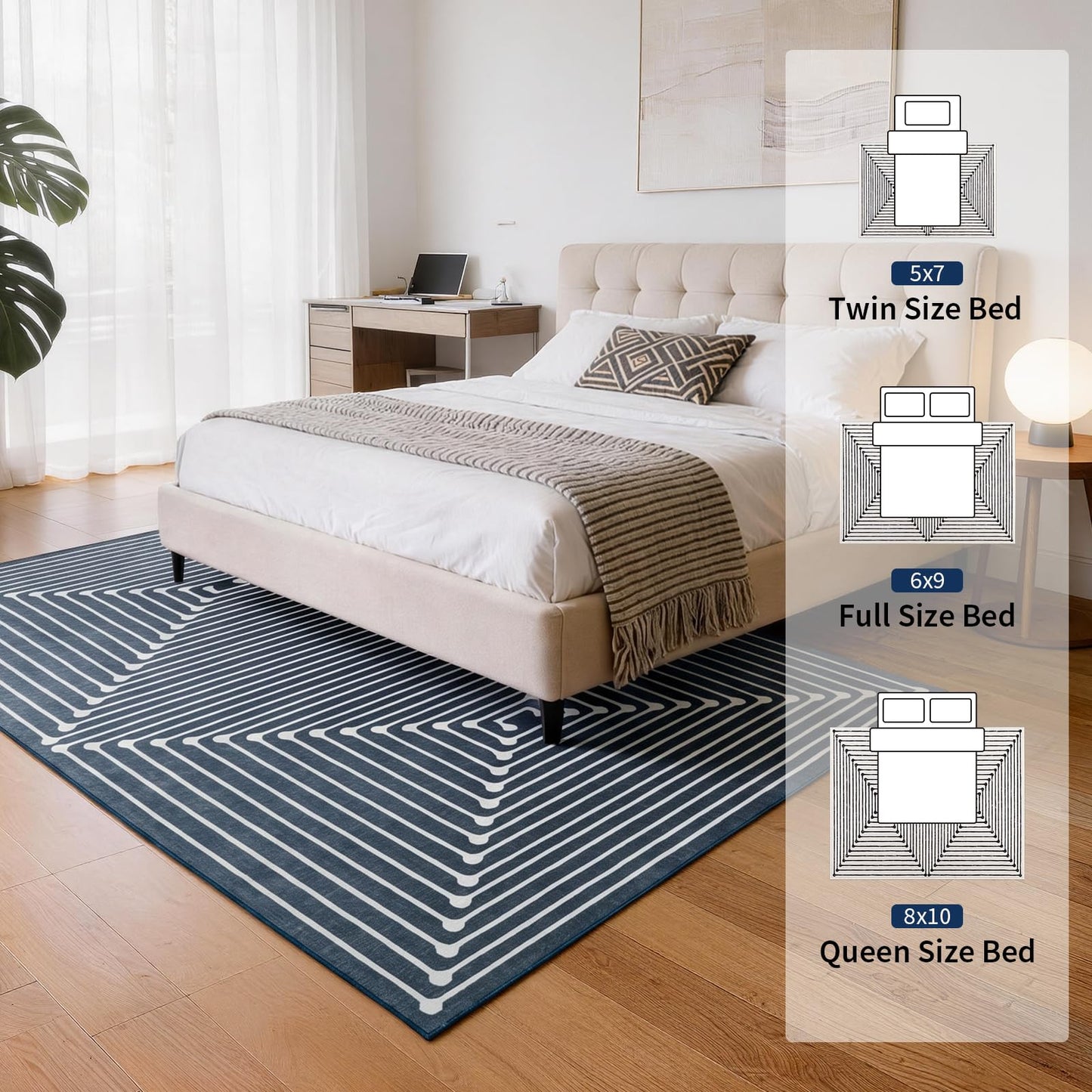 YIHOUSE Washable 5x7 Area Rugs for Living Room, Navy Blue Striped Rug for Bedroom Playroom Non Slip Low Pile, Soft Modern Geometric Carpet for Entryway Home Office Decor