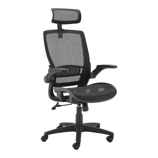 Amazon Basics Ergonomic High-Back Desk Chair, Comfortable Flip-Up Armrests, Contoured Mesh Seat, Swivel, Black, 25.5"D x 26.25"W x 49.25"H