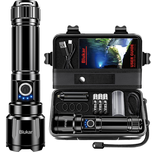 Blukar Rechargeable Flashlight High Lumens, Super Bright LED Powerful Tactical Torch - 5 Light Modes, Zoomable, Long Lasting, Waterproof Handheld Flash Light for Emergency, Camping, Hiking