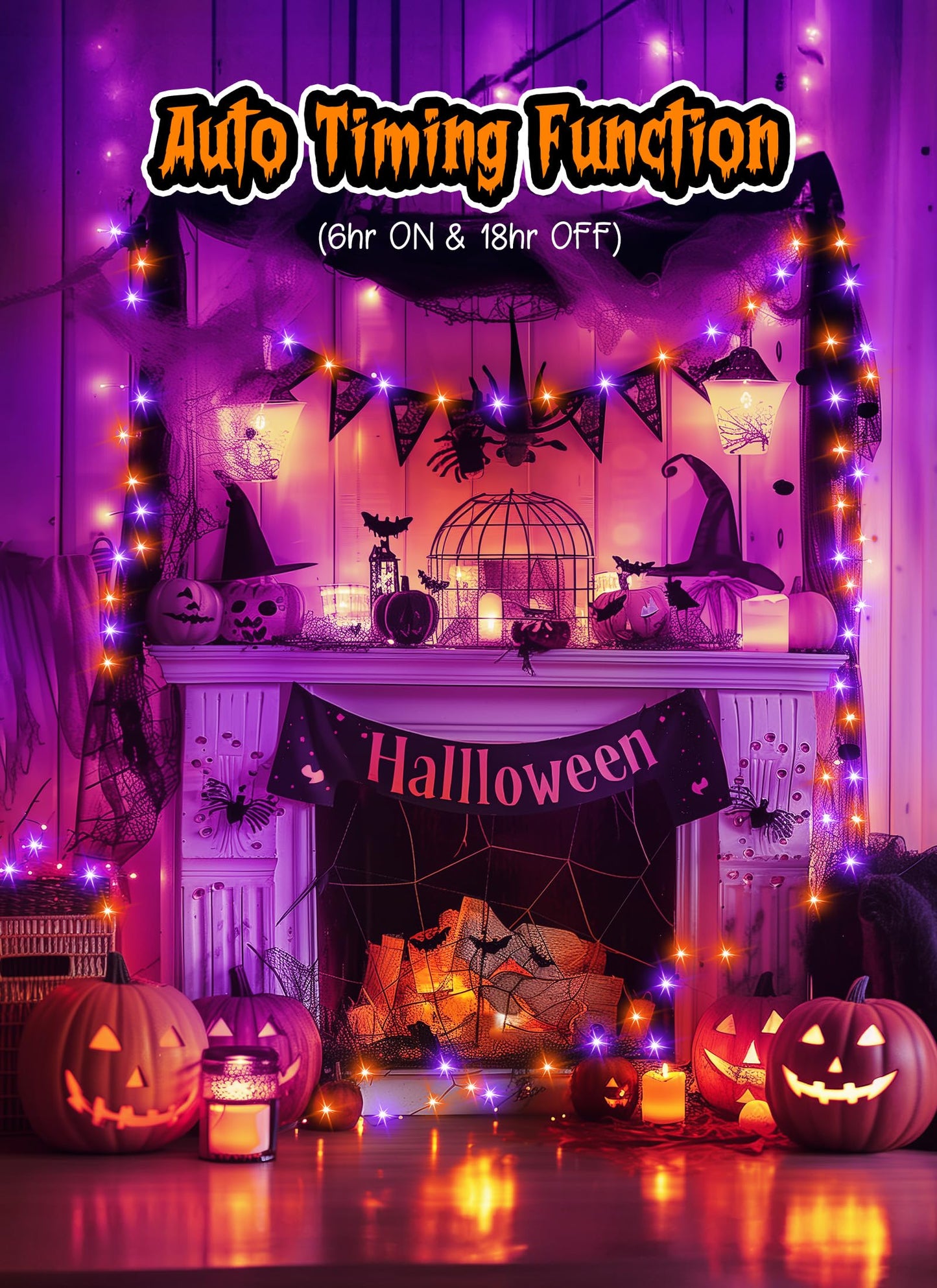 Halloween Fairy Lights, 33Ft 100 LED Battery Operated Fairy Lights, Waterproof Copper Wire Mason Jar Lights for Home Party Ghost Haunted House Indoor Outdoor Halloween Decorations, Orange & Purple