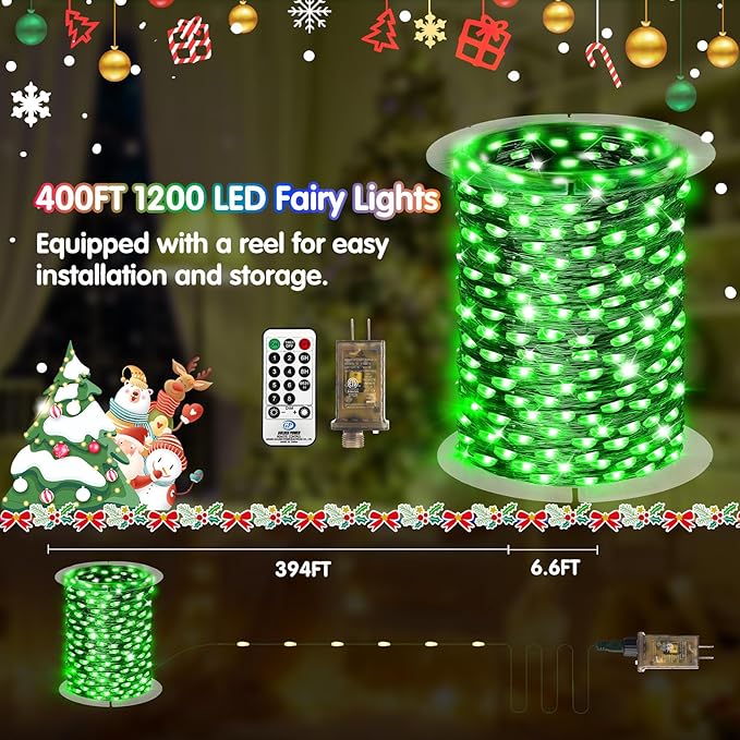 KNONEW 400FT Outdoor Christmas Fairy Lights Plug in,1200 LED String Lights Outdoor Waterproof 8 Modes Memory Times for Wedding Bedroom Walls Garden Trees Decoration(Green)