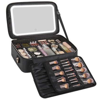 Relavel Travel Makeup Bag With LED Mirror, Cosmetic Train Case with Light up Mirror, Portable Makeup Artist Organizer Bag with Adjustable Dividers, Makeup Brush Holder Storage, Black