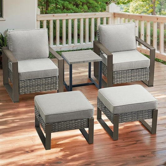 Rilyson Outdoor Wicker Patio Furniture Set - 5 Piece Patio Conversation Set with 2 Wicker Armrest Chairs,2 Rattan Ottoman, 1 Side Table, Sturdy Frame, Thick Cushions, Deep Seating(Mixed Grey/Grey)