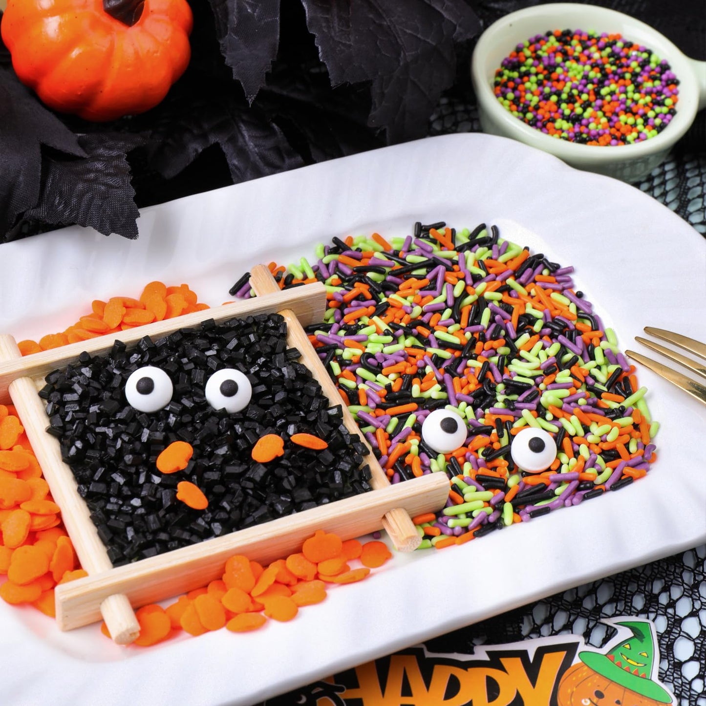 Halloween Sprinkles Edible for Cake Decorating, 8Oz Fall Sprinkles with Black Orange Purple Nonpareils and Jimmies, Eyeball, Black Sugar and Orange Pumpkin for Cupcakes Cookie Ice Cream Baking Topping
