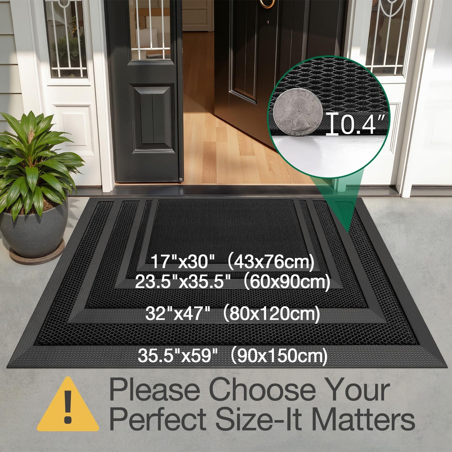 LUMI Front Door Mat for Outside Entrance 32''x47'', Heavy-Duty Dirt-Trapping Doormat with Durable Non-Slip Rubber Backing, Stain & Fade-Resistant Entry Mats, Black
