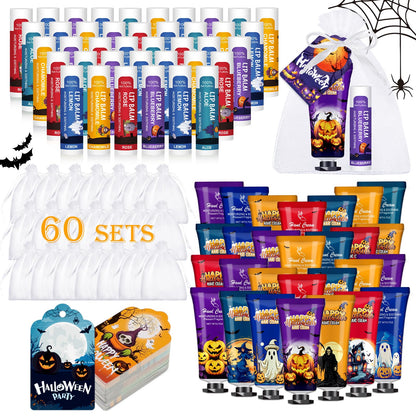 60 Pack Halloween Hand Cream and Lip Balm Set for Women, Bulk Hand Lotion for Halloween Gifts, Halloween Party Favors, Party Supplies, Decorations, Goodie Bags with Halloween Card and Organza Bags