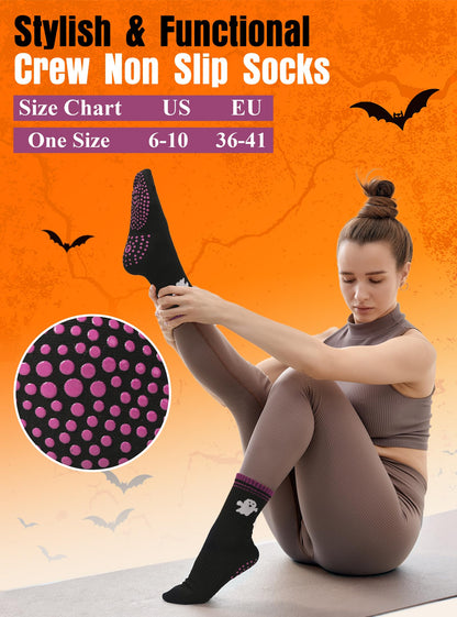 Toes Home Pilates Socks for Women, Halloween Gifts Yoga Crew Non Slip Grippy Socks for Barre Hospital Sticky Slippers 4 Pairs