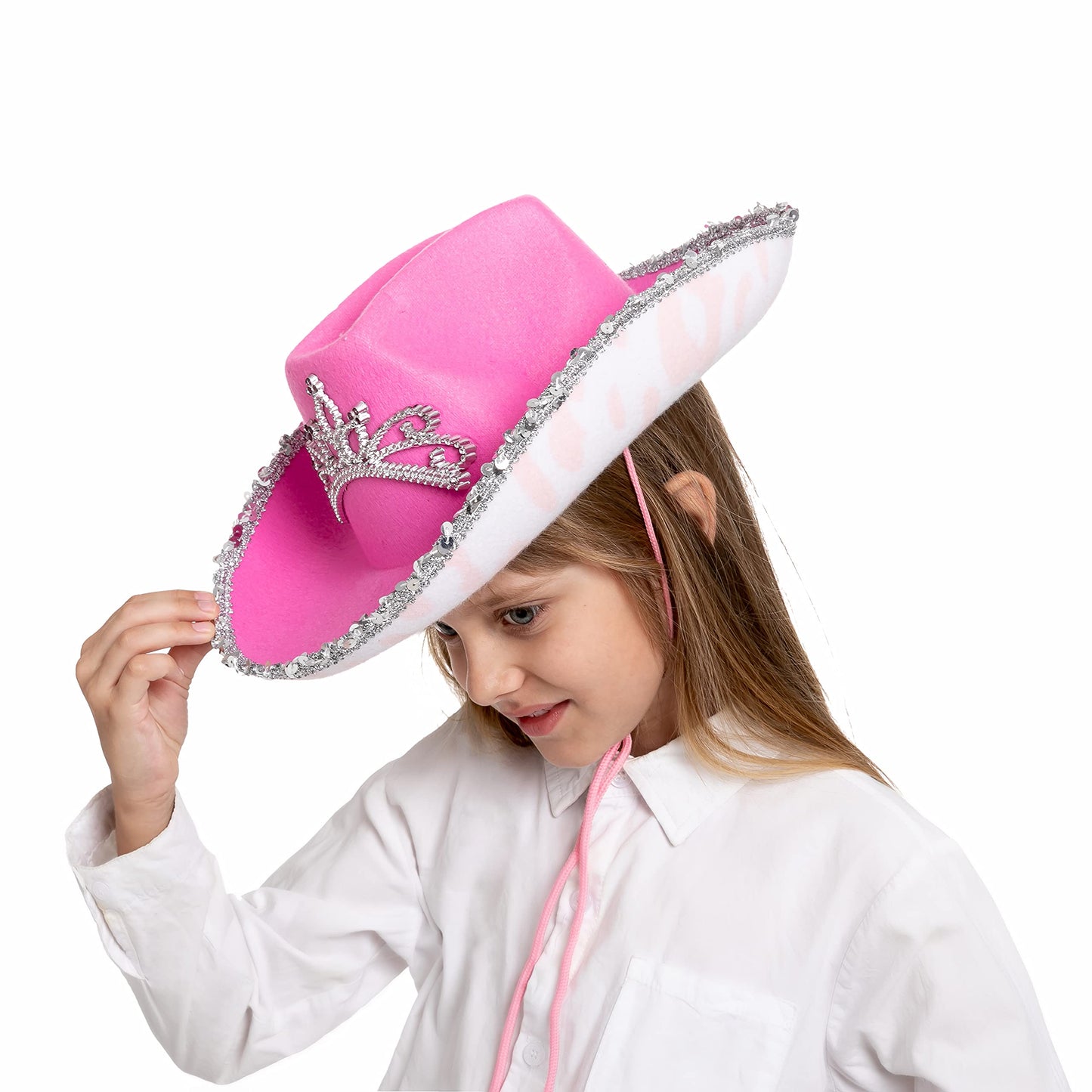 Spooktacular Creations 2 Pack Pink Cowboy Hat with Crown Blinking, Halloween Children's Pink Tiara Felt Cowboy Hats Accessories for Cosplay, Dress-up Party