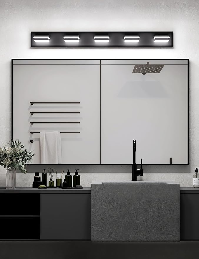 VOLISUN 5 Light Bathroom Vanity Light Fixtures 40 inch,Black LED Bathroom Lighting Fixtures Over Mirror, 360°Rotatable Head, LED Vanity Lights for Bathrooms (6000K)