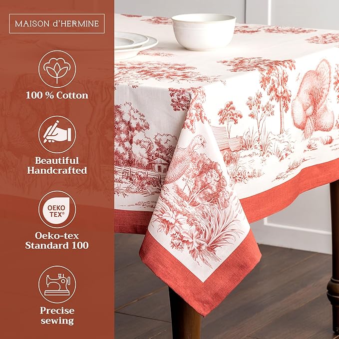 Maison d' Hermine Table Cloth Rectangle Table 100% Cotton 54 x 72 Inches Fall Tablecloth Reusable Everyday Use for Thanksgiving Christmas Decorations Dining Farmhouse Party (Holy Jouy - Red)