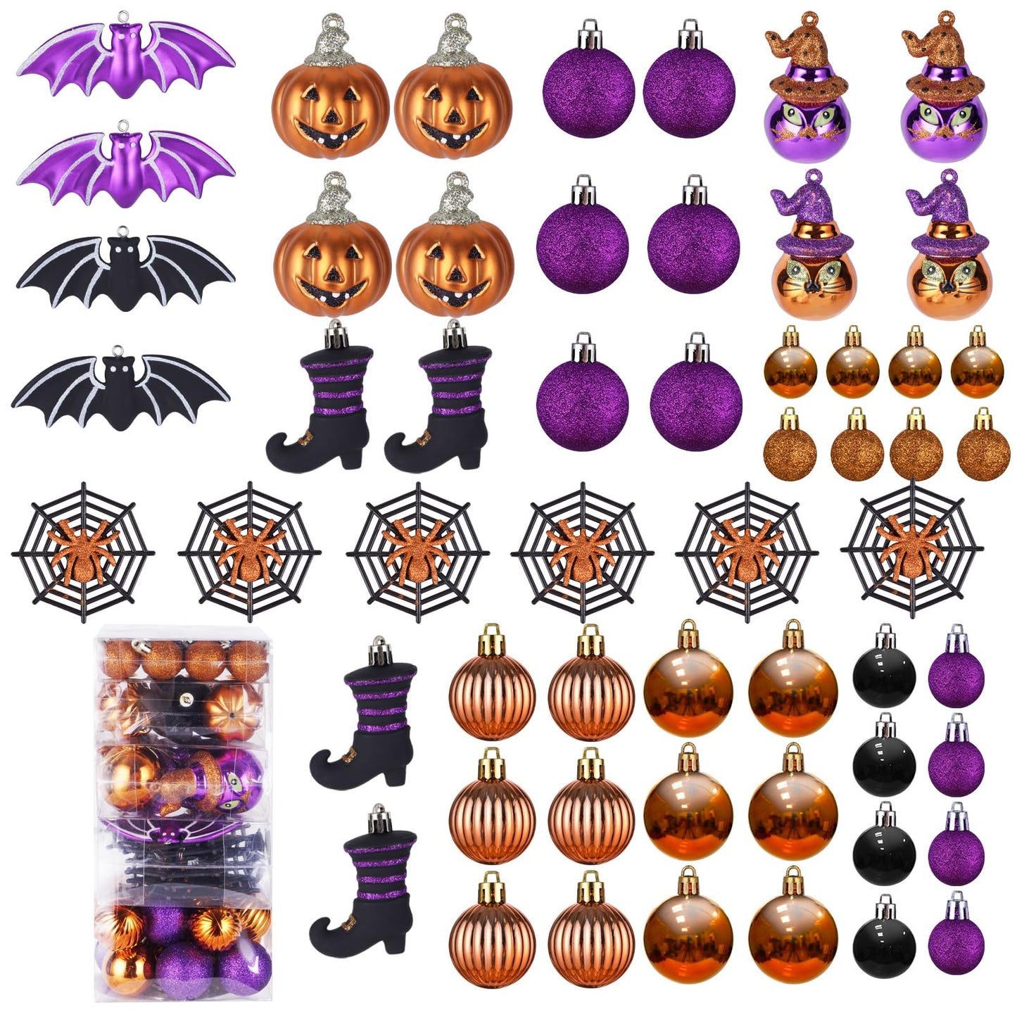 56pcs Halloween Hanging Ornaments for Tree Decorations, Shatterproof Plastic Hanging Halloween Ball Pendants with Pumpkin, Witches Hat Signs, Halloween Tree Decor Party, Holiday, Home (Multi New)