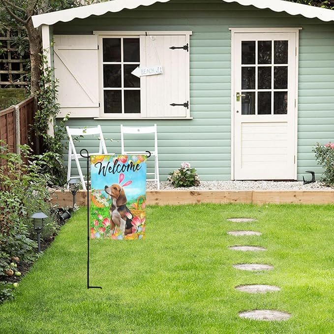 Tulips Cute Beagle Flower Dog Happy Easter Garden Flag Welcome Party Outdoor Outside Decorations Picks Home House Garden Yard Decor 12x18 Inch