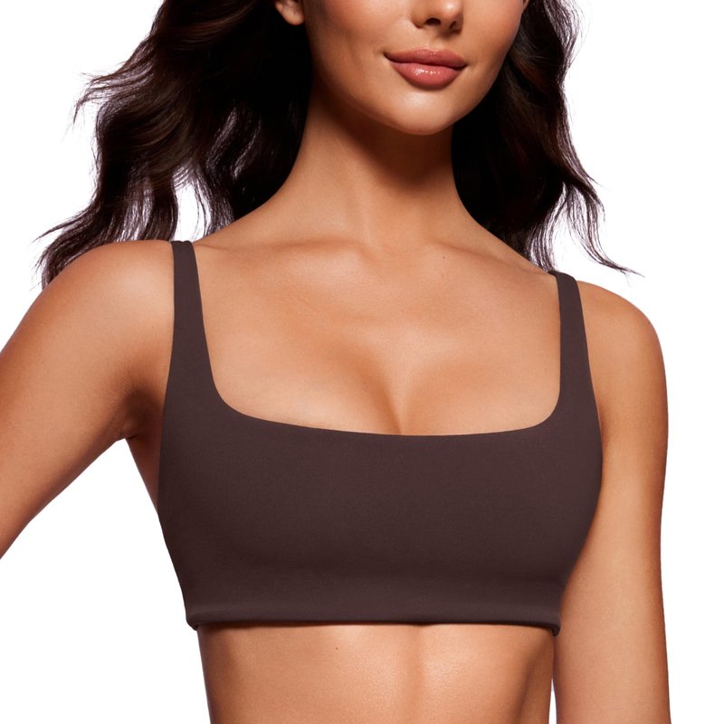 CRZ YOGA Butterluxe Square Neck Spaghetti Strap Sports Bras for Women - Low Coverage Yoga Wireless Padded Cami Crop Top Hot Fudge Brown Small